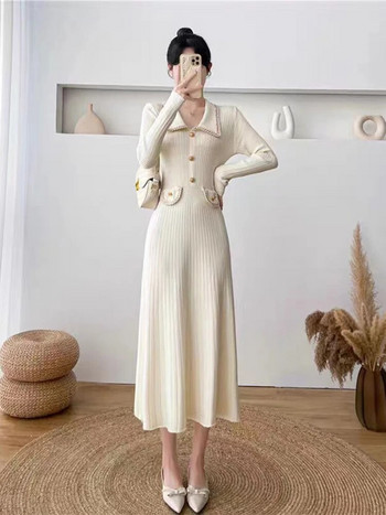 Офис Дебела плетена рокля Шикозен корейски поло трикотаж Mid Kleid Елегантен класически пуловер Vestidos Дамски Есен Зима Едноцветен нов халат