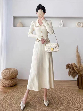 Офис Дебела плетена рокля Шикозен корейски поло трикотаж Mid Kleid Елегантен класически пуловер Vestidos Дамски Есен Зима Едноцветен нов халат