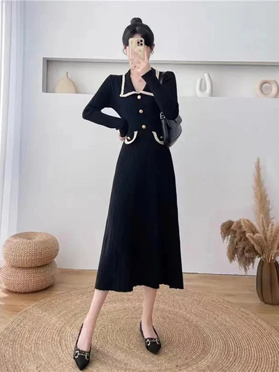 Kancelárske hrubé pletené šaty, elegantné kórejské polo pletené oblečenie, stredne veľké šaty, elegantný klasický sveter, jesenné a zimné jednofarebné, nový župan