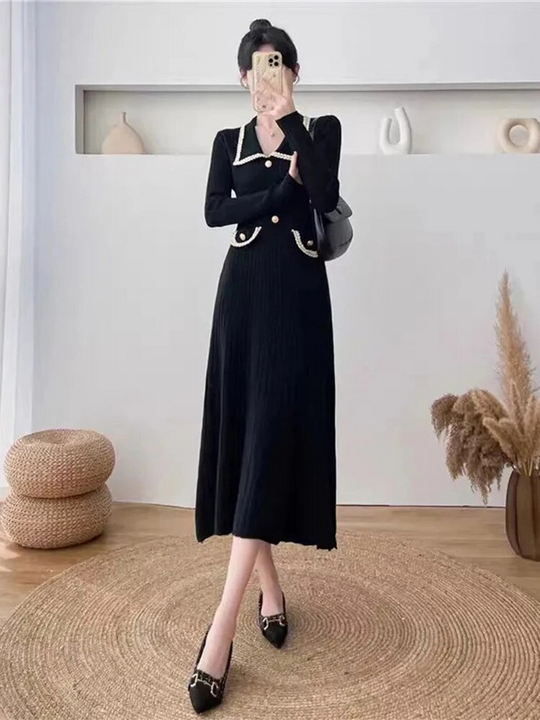 Kancelárske hrubé pletené šaty, elegantné kórejské polo pletené oblečenie, stredne veľké šaty, elegantný klasický sveter, jesenné a zimné jednofarebné, nový župan