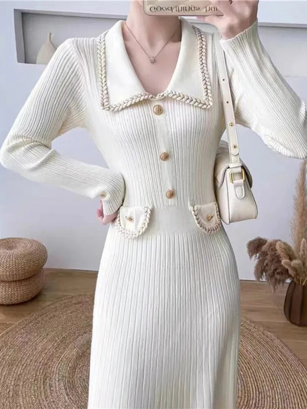 Kancelárske hrubé pletené šaty, elegantné kórejské polo pletené oblečenie, stredne veľké šaty, elegantný klasický sveter, jesenné a zimné jednofarebné, nový župan