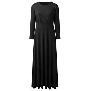 Винтидж макси рокля с висока талия Дамски 2023 Ежедневни едноцветни рокли с дълъг ръкав и кръгло деколте, есенно-зимна голяма дълга рокля