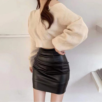 Черна мини пола от изкуствена кожа Дамски корейски модни еластични пънк стилни готически секси поли с висока талия