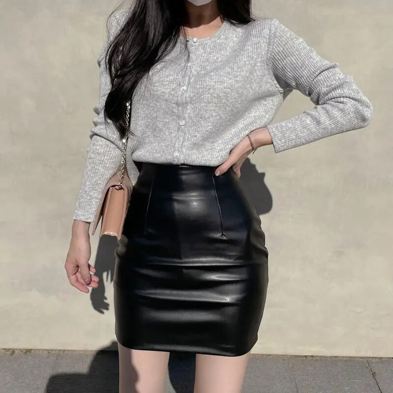 Crna mini pu kožna suknja ženske korejske modne elastične punk stilske gotičke seksi suknje visokog struka ženske