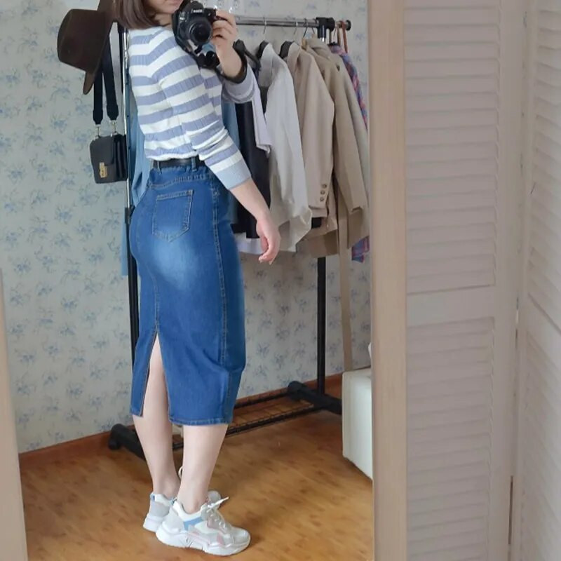 Fusta clasică de blugi femei 2023 Fusta lungă de jeans Fusta creion cu talie înaltă pentru dama Stretch Negru Albastru Faldas Largas Jupe Longue Femme