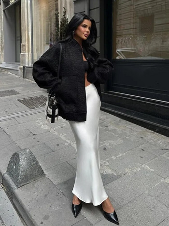Tossy Бяла сатенена дълга пола с висока талия Дамска елегантна тънка пачуърк модна улична дамска едноцветна есенна ежедневна макси пола