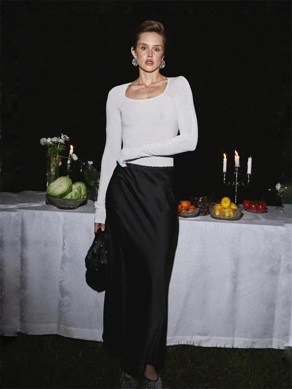 Blizgus baltas atlasinis ilgas sijonas su aukštu juosmeniu moteriškas Elegantiškas plonas, madingas gatvės apranga moteriškas rudeninis laisvalaikio maksimalus sijonas