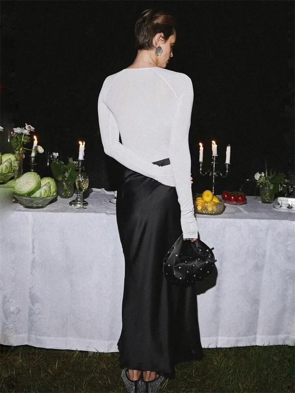 Blizgus baltas atlasinis ilgas sijonas su aukštu juosmeniu moteriškas Elegantiškas plonas, madingas gatvės apranga moteriškas rudeninis laisvalaikio maksimalus sijonas