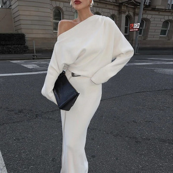 Φόρεμα Maxi με λοξό λαιμό και μακρυμάνικο φόρεμα Λευκό επίσημο πάρτι για γυναίκες Φθινοπωρινό χειμερινό μακρύ φόρεμα μαύρο