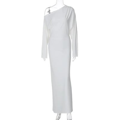 Suknelė su įstrižu kaklu ilgomis rankovėmis, madinga balta, iškilminga vakarėliui skirta suknelė moterims rudens žiema ilga suknelė juoda