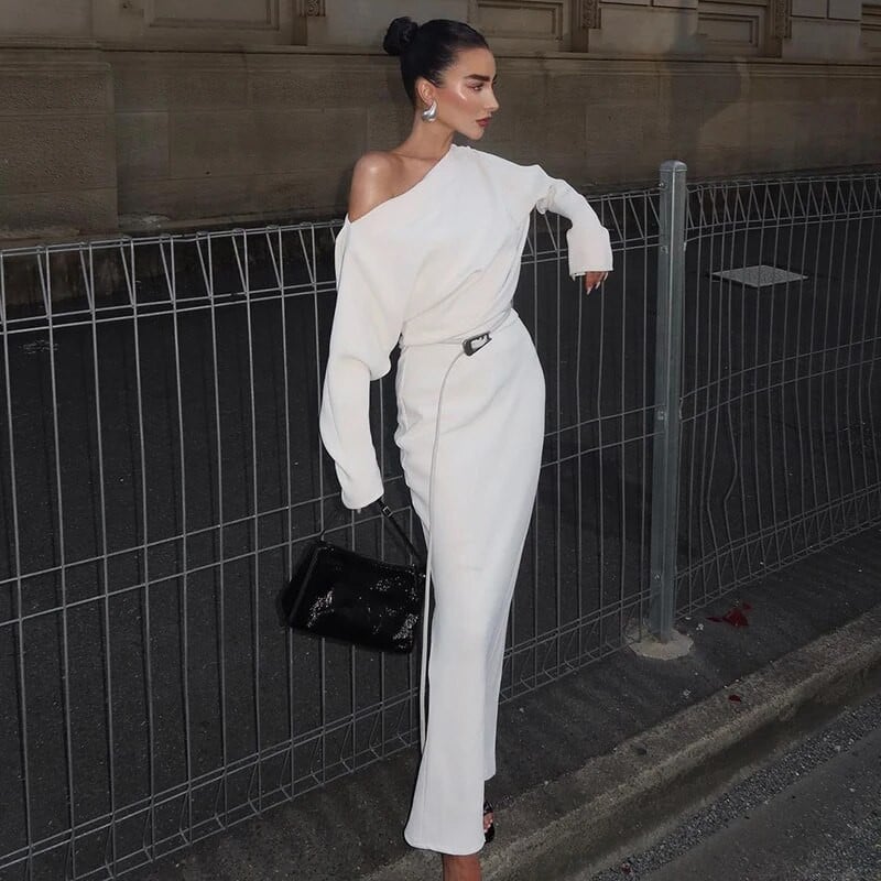 Suknelė su įstrižu kaklu ilgomis rankovėmis, madinga balta, iškilminga vakarėliui skirta suknelė moterims rudens žiema ilga suknelė juoda