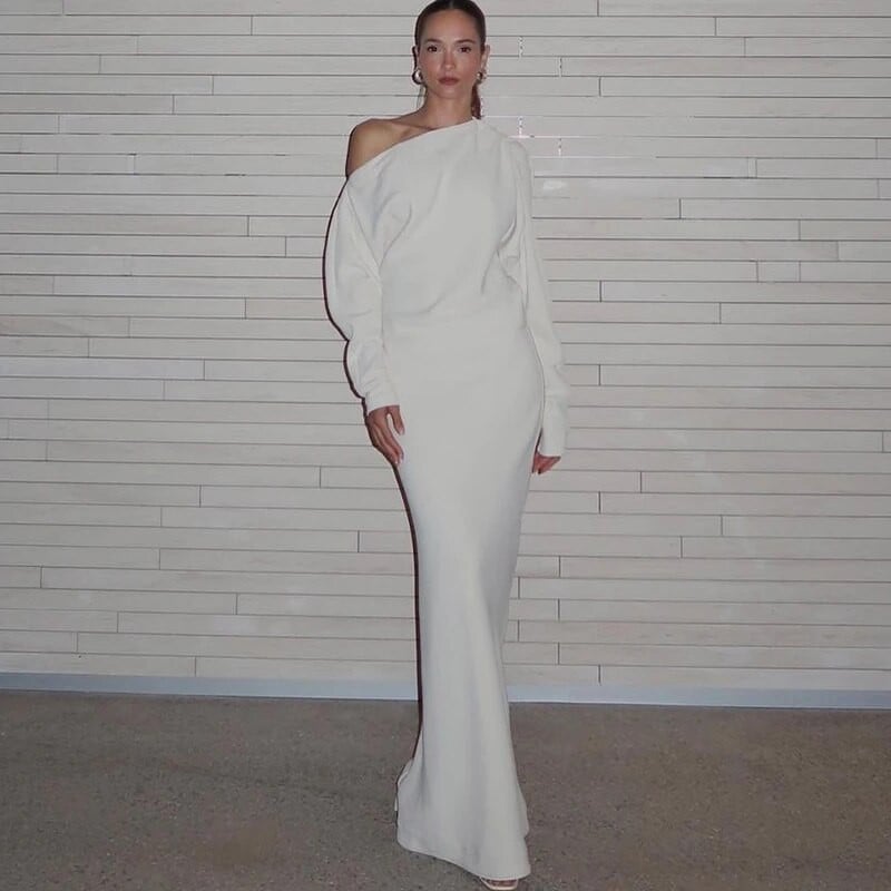 Suknelė su įstrižu kaklu ilgomis rankovėmis, madinga balta, iškilminga vakarėliui skirta suknelė moterims rudens žiema ilga suknelė juoda