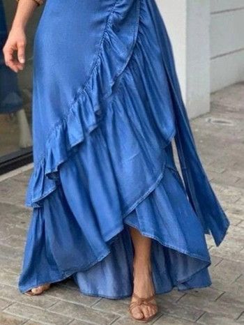 Γυναικεία τζιν φούστα σε πλεονέκτημα σε γραμμή Α casual Streetwear Party Club Y2K Vintage Κομψό μονόχρωμο βολάν με κόμπο στη μέση Maxi φούστα