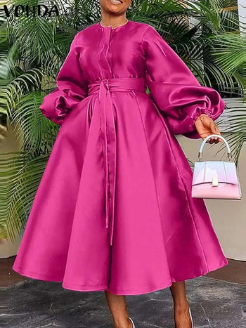 Μεγάλο μέγεθος VONDA 2024 Κομψό Γυναικείο φόρεμα για πάρτι Μακρυμάνικο φαναράκι σατέν πλισέ Midi Sundress Casual Loose μασίφ ρόμπα ζώνη