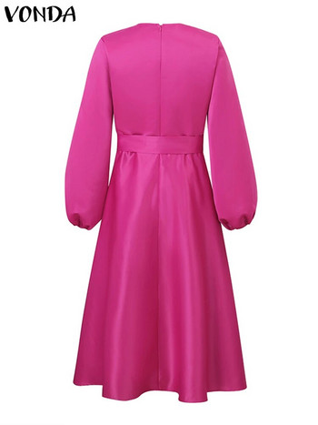 Μεγάλο μέγεθος VONDA 2024 Κομψό Γυναικείο φόρεμα για πάρτι Μακρυμάνικο φαναράκι σατέν πλισέ Midi Sundress Casual Loose μασίφ ρόμπα ζώνη