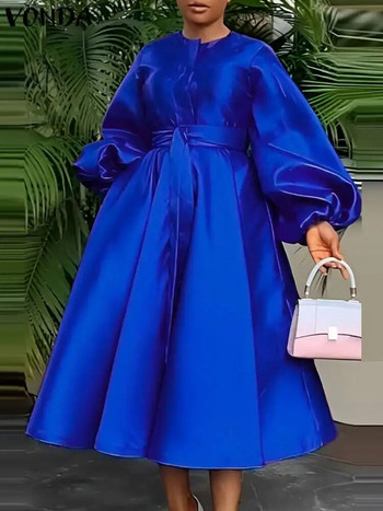 Μεγάλο μέγεθος VONDA 2024 Μακρύ φόρεμα για πάρτι Γυναικείο μακρυμάνικο φαναράκι σατέν πλισέ μίντι ρούχο Casual Loose μασίφ ρόμπα ζώνη