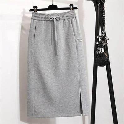 Proljeće Jesen Elastična ravna suknja visokog struka s vezicom Modna ženska suknja veće veličine s podijeljenim dijelovima Elegantna ženska odjeća Midi suknja