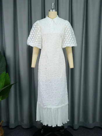 Λευκά δαντελένια φορέματα για γυναίκες καλεσμένους γάμου Κομψά φουσκωτά μανίκια γιακά με πλισέ μίντι φόρεμα πολυτελή ρούχα περίστασης