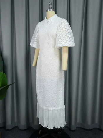 Λευκά δαντελένια φορέματα για γυναίκες καλεσμένους γάμου Κομψά φουσκωτά μανίκια γιακά με πλισέ μίντι φόρεμα πολυτελή ρούχα περίστασης