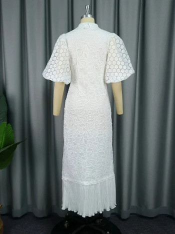 Бели дантелени рокли за жени Сватбени гости Елегантни с обърната яка с буф ръкави Миди рокля с плисиран подгъв Луксозни дрехи за повод