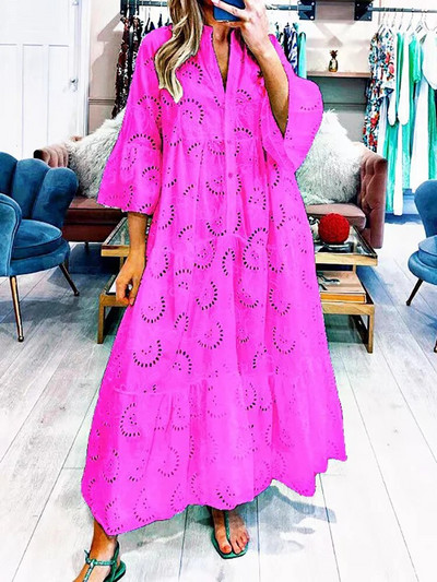 Fitshinling medvilninė ilga suknelė Moteriški drabužiai Plačiamomis rankovėmis Plonas A linijos chalatas Laisva madinga tuščiaviduriai nėriniai Didelės suknelės moteriškos Naujos