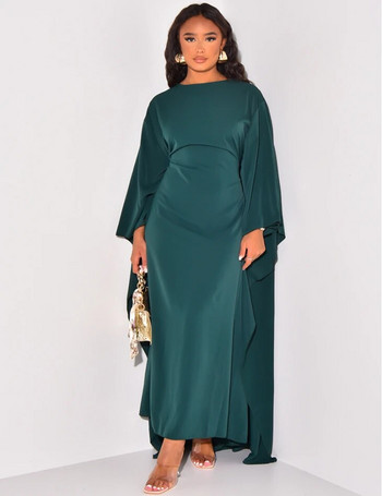 Есенна модна сатенена парти рокля Robe Abaya Мюсюлмански жени Елегантна масивна кръгла деколте с прилеп ръкави Свободна макси рокля Дамска