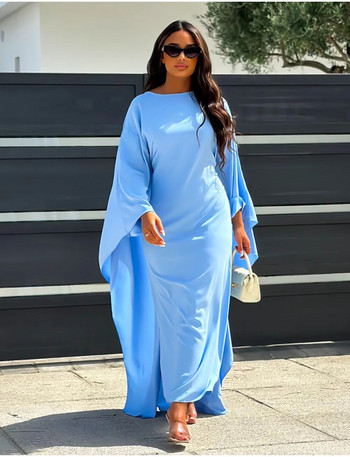 Φθινοπωρινό φόρεμα σατέν πάρτι Ρόμπα Abaya Μουσουλμάνες Κομψά μονόχρωμα μανίκια νυχτερίδας με στρογγυλή λαιμόκοψη Φαρδιά μάξι γυναικεία φόρεμα