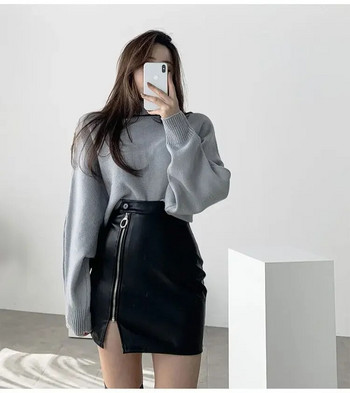 Черна мини секси пола Секси пакет с висока талия Хип молив пола Дамска корейска мода Pu изкуствена кожа Къси поли с цепен цип