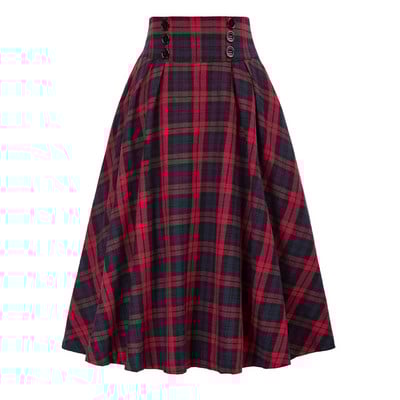 Női Vintage hajtogatott kockás szoknya Őszi téli magas derekú koreai stílusú Preppy Midi szoknyák Gombdísz nagy méretű szoknya