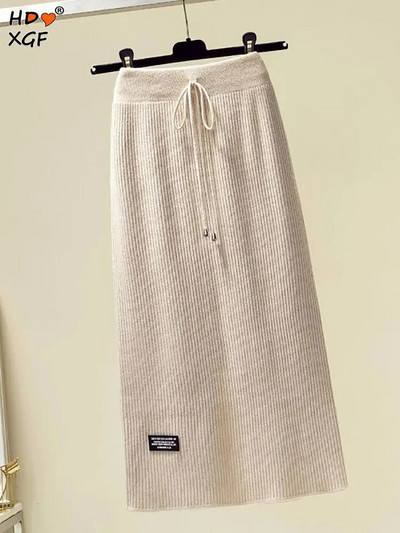 Винтидж пуловер с големи размери Плетена пола Есен Зима Еластична поли с висока талия A-line Дамска топла универсална пола