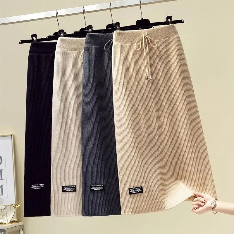 Pulover Vintage Plus Size Fusta tricotată Toamnă Iarnă Snur elastic cu talie înaltă Fuste A-line Femei Fusta caldă cu toate potrivirile