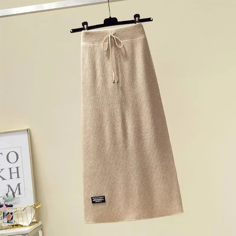 Pulover Vintage Plus Size Fusta tricotată Toamnă Iarnă Snur elastic cu talie înaltă Fuste A-line Femei Fusta caldă cu toate potrivirile