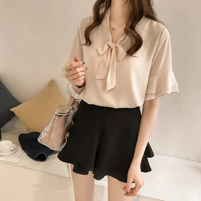 Bluză de vară Cămașă din șifon pentru femei Topuri de birou Cămăși cu mânecă scurtă Coreeană Gât cu arc Volane Bluze albe, roșii, caise Bluze