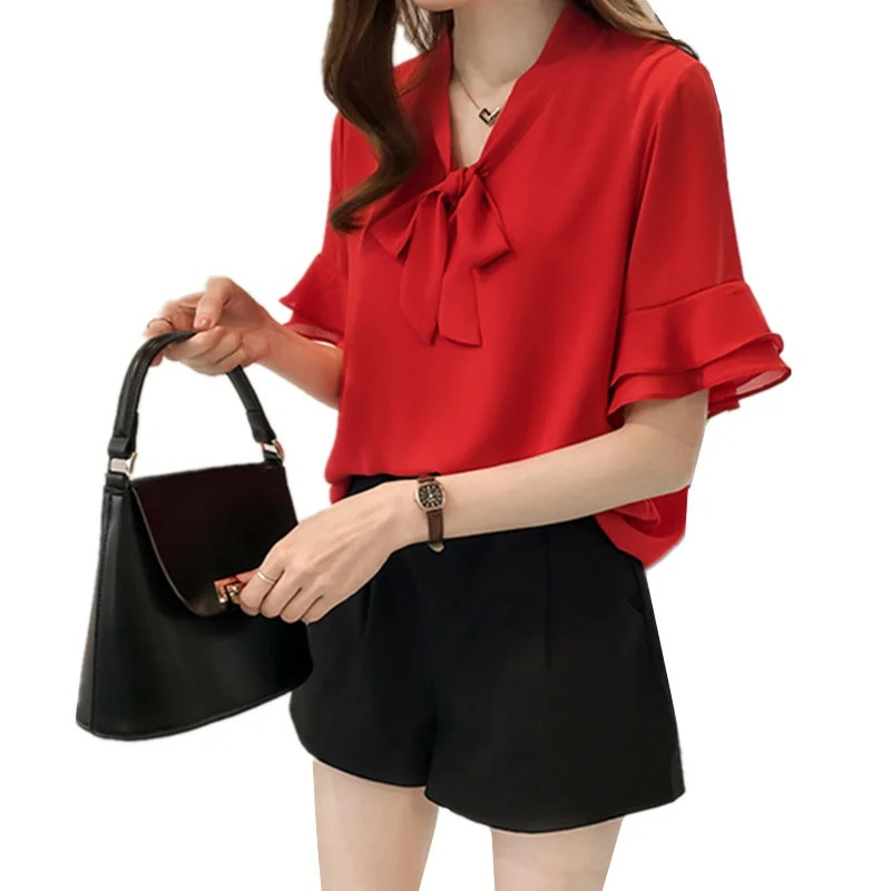 Bluză de vară Cămașă din șifon pentru femei Topuri de birou Cămăși cu mânecă scurtă Coreeană Gât cu arc Volane Bluze albe, roșii, caise Bluze