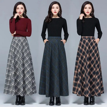 Корейска модна удебелена вълнена карирана пола Зимна еластична А-силует с висока талия Плюс размер Дълги поли за жени Елегантна топла пола