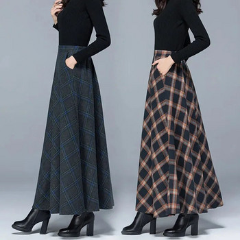 Корейска модна удебелена вълнена карирана пола Зимна еластична А-силует с висока талия Плюс размер Дълги поли за жени Елегантна топла пола