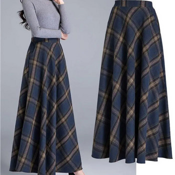 Κορεάτικη μόδα Μάλλινη καρό φούστα Παχύνοντας Χειμερινή ελαστική μακρυά φούστα σε γραμμή Α με ψηλή μέση για γυναίκες Κομψή ζεστή φούστα
