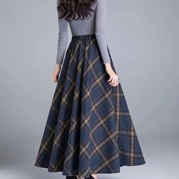 Κορεάτικη μόδα Μάλλινη καρό φούστα Παχύνοντας Χειμερινή ελαστική μακρυά φούστα σε γραμμή Α με ψηλή μέση για γυναίκες Κομψή ζεστή φούστα