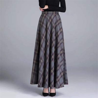Korejska modna podebljana vunena karirana suknja Zimska elastična dugačka suknja A kroja visokog struka za žene Elegantna topla suknja