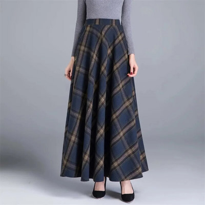 Korejska modna podebljana vunena karirana suknja Zimska elastična dugačka suknja A kroja visokog struka za žene Elegantna topla suknja