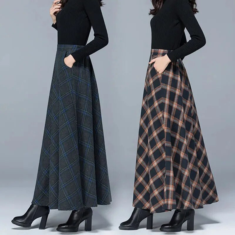Korejska modna podebljana vunena karirana suknja Zimska elastična dugačka suknja A kroja visokog struka za žene Elegantna topla suknja