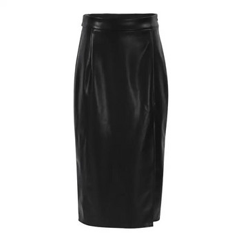 Черна пола от изкуствена кожа със страничен цепък за жени Офис Елегантна дамска полиуретанова пола със странична цепка Секси поли