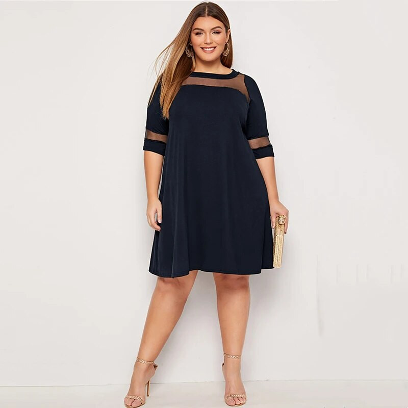 Plus veličina, pola rukava, proljeće, jesen, elegantna swing haljina, mrežasta pripijena i široka ležerna haljina, radna haljina velike veličine 5XL 6XL 7XL