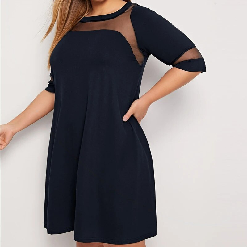 Plus veličina, pola rukava, proljeće, jesen, elegantna swing haljina, mrežasta pripijena i široka ležerna haljina, radna haljina velike veličine 5XL 6XL 7XL