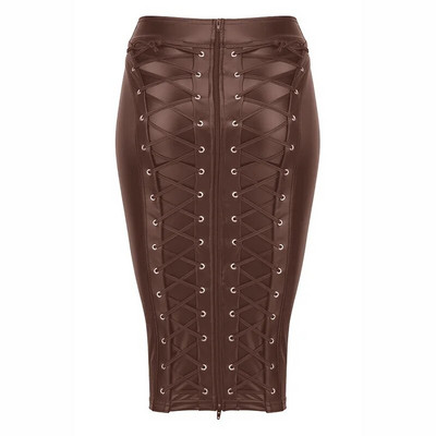 PU kožna suknja s podignutim patentnim zatvaračem i zavojem uz tijelo, stražnja strana od umjetne kože, čipkana ženska ženska ženska do koljena mokrog izgleda, velika veličina, crni stil, godine