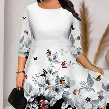 Дамска рокля Лятна миди рокля с О-образно деколте 3/4 ръкав Плюс размер Пеперуди с принт на талията Стегната свободна подгъв Ежедневна рокля Streetwear