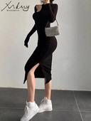 MiuKoMiYa Hollow Out hosszú ujjú ruhák női szexi fekete nyakú 2024 vékony MIdi cérnával oldalt hasított ruhák női hosszú ujjú