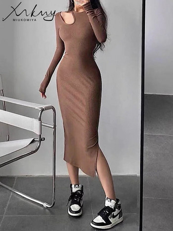 MiuKoMiYa Φορέματα με μακρυμάνικο κούφιο για γυναίκες Σέξι μαύρο με λαιμόκοψη 2024 Skinny MIdi φορέματα με σχίσιμο στο πλάι Γυναικεία μακρυμάνικα