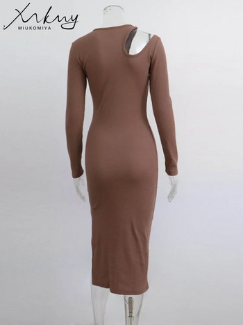 MiuKoMiYa Φορέματα με μακρυμάνικο κούφιο για γυναίκες Σέξι μαύρο με λαιμόκοψη 2024 Skinny MIdi φορέματα με σχίσιμο στο πλάι Γυναικεία μακρυμάνικα
