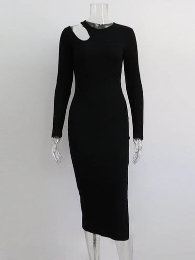 MiuKoMiYa Hollow Out hosszú ujjú ruhák női szexi fekete nyakú 2024 vékony MIdi cérnával oldalt hasított ruhák női hosszú ujjú